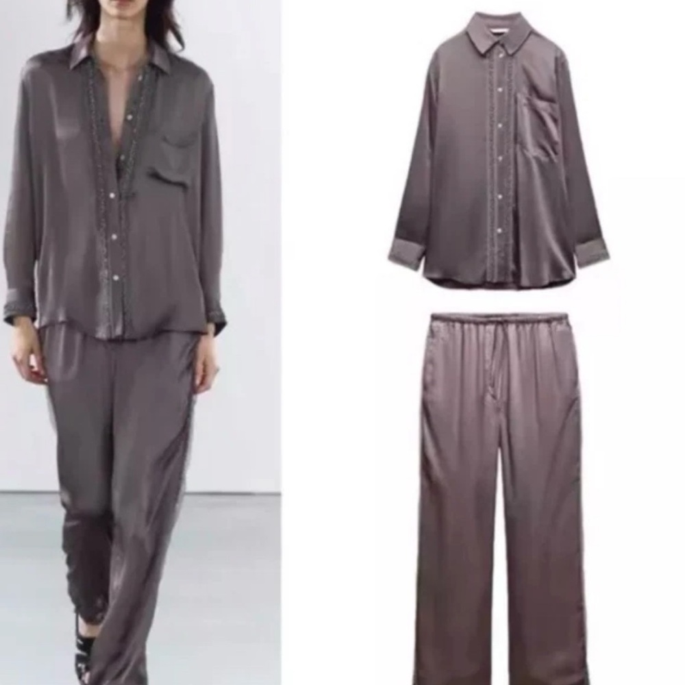 Zara Stunning Flowing luxurious Gray Satin Embroidered Co-Ord Set🔥🔥🔥